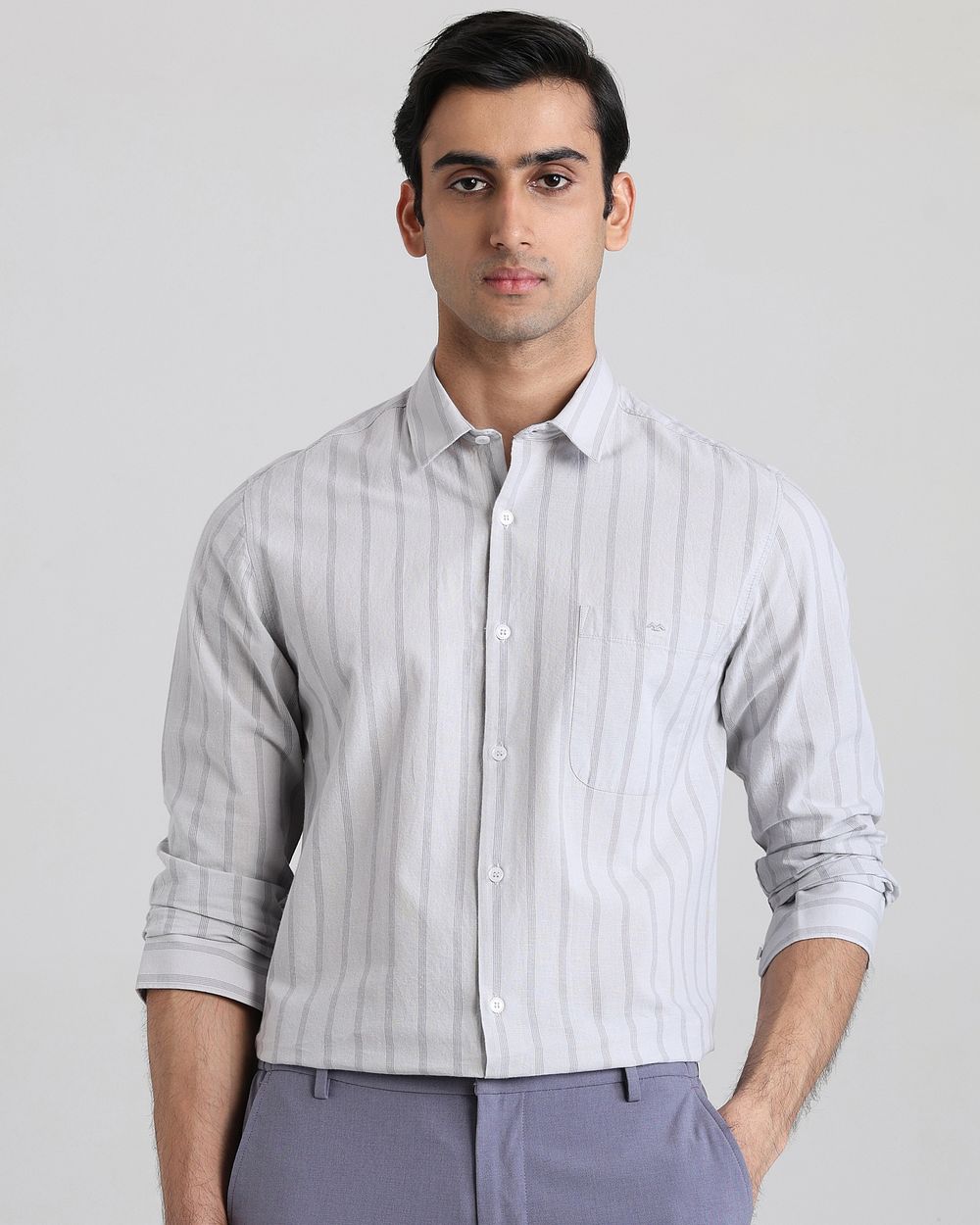 Light Grey Cotton Linen Stripe Slim Fit Casual Shirt