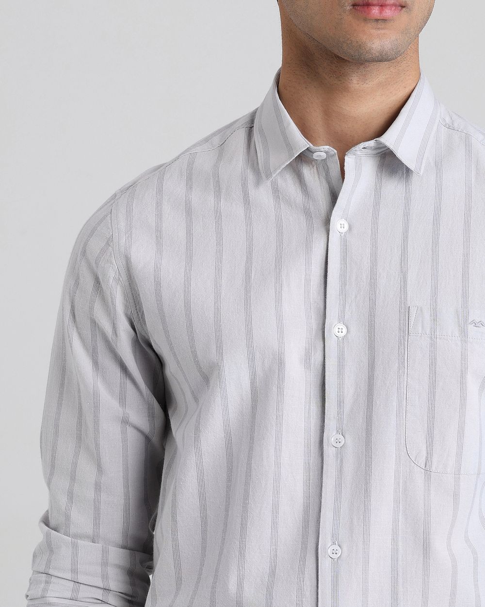 Light Grey Cotton Linen Stripe Slim Fit Casual Shirt
