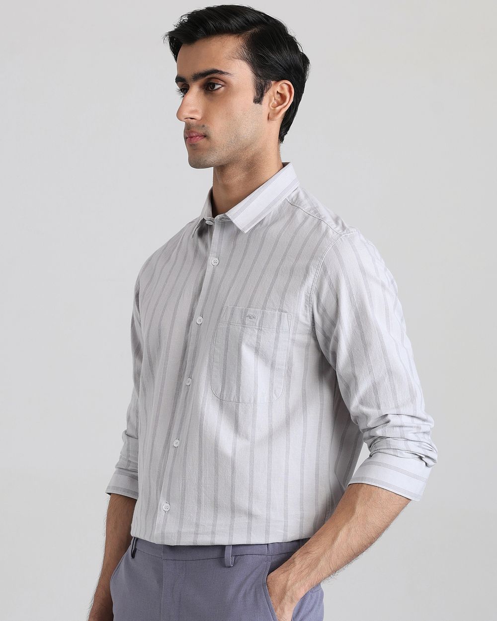 Light Grey Cotton Linen Stripe Slim Fit Casual Shirt