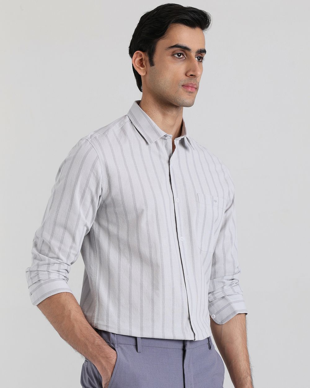Light Grey Cotton Linen Stripe Slim Fit Casual Shirt