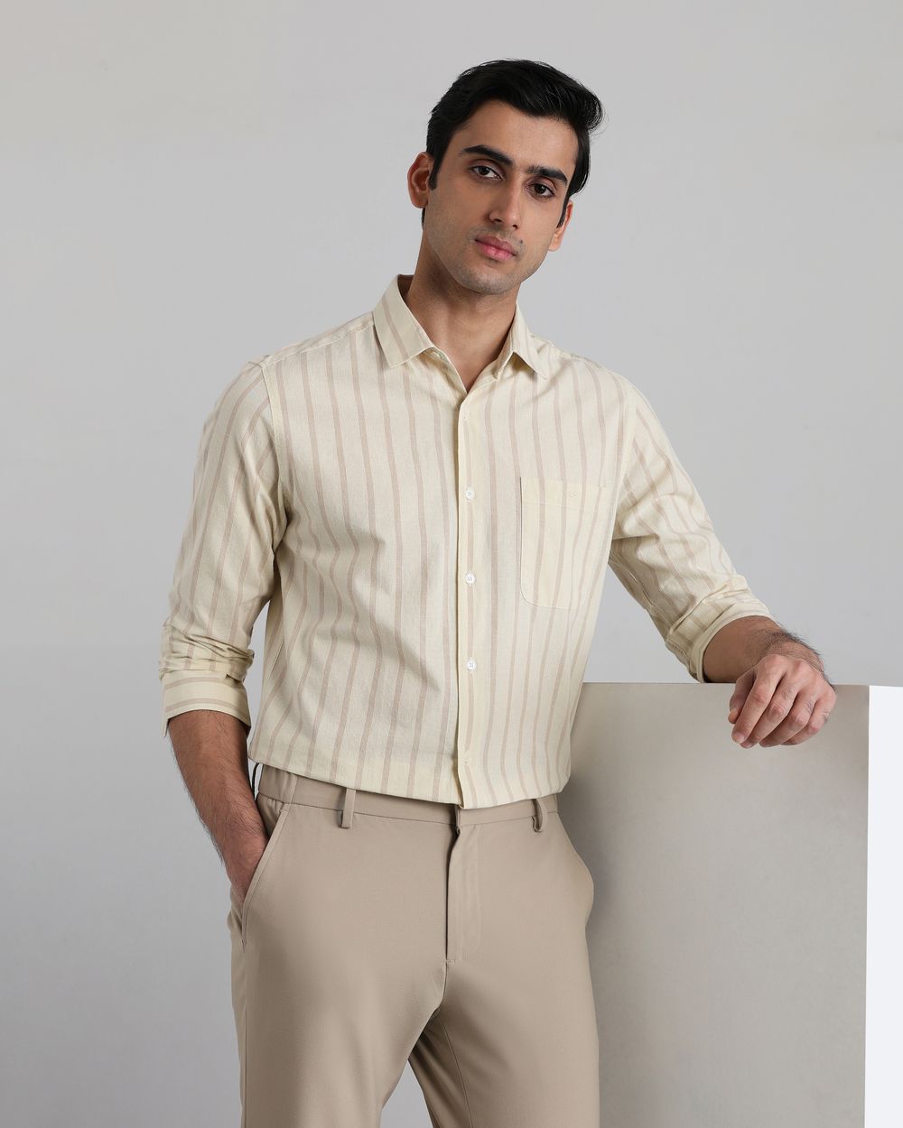 Beige Cotton Linen Stripe Slim Fit Casual Shirt