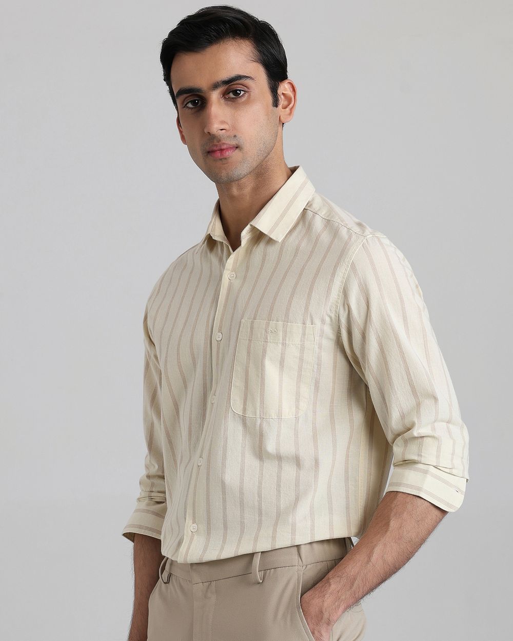 Beige Cotton Linen Stripe Slim Fit Casual Shirt