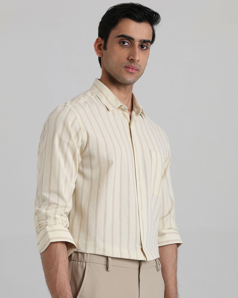 Beige Cotton Linen Stripe Slim Fit Casual Shirt