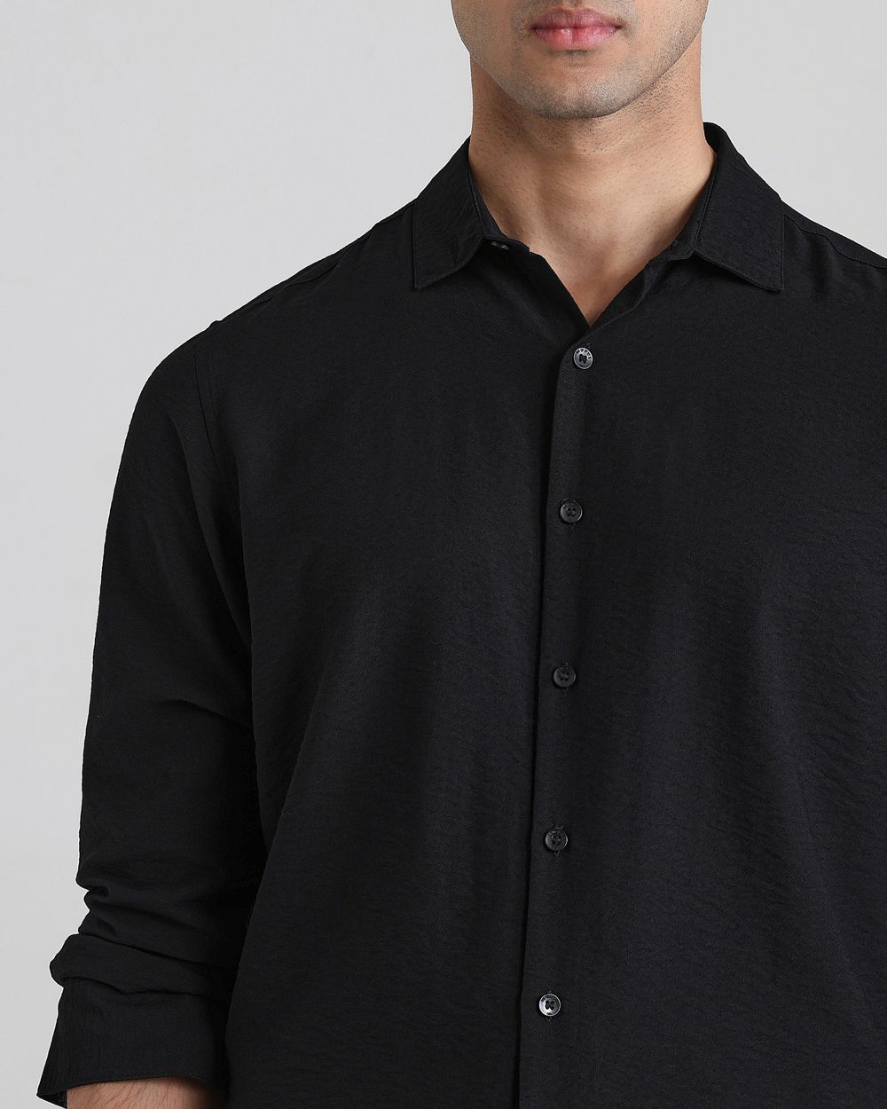 Black Textured Plain Slim Fit Casual Shirt