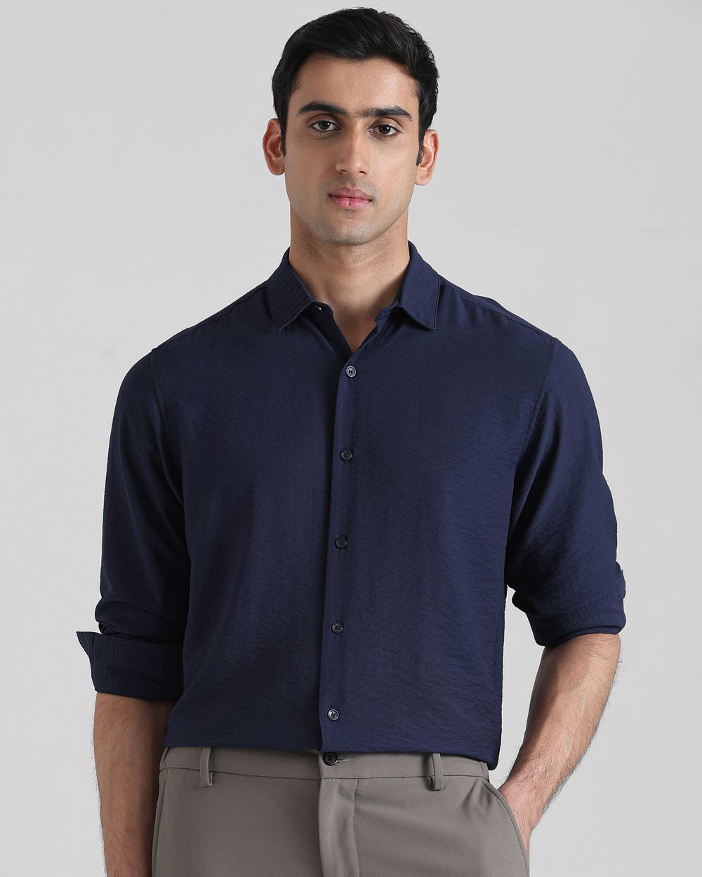 Navy Textured Plain Slim Fit Casual Shirt