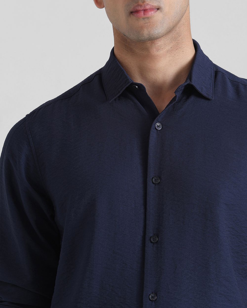 Navy Textured Plain Slim Fit Casual Shirt