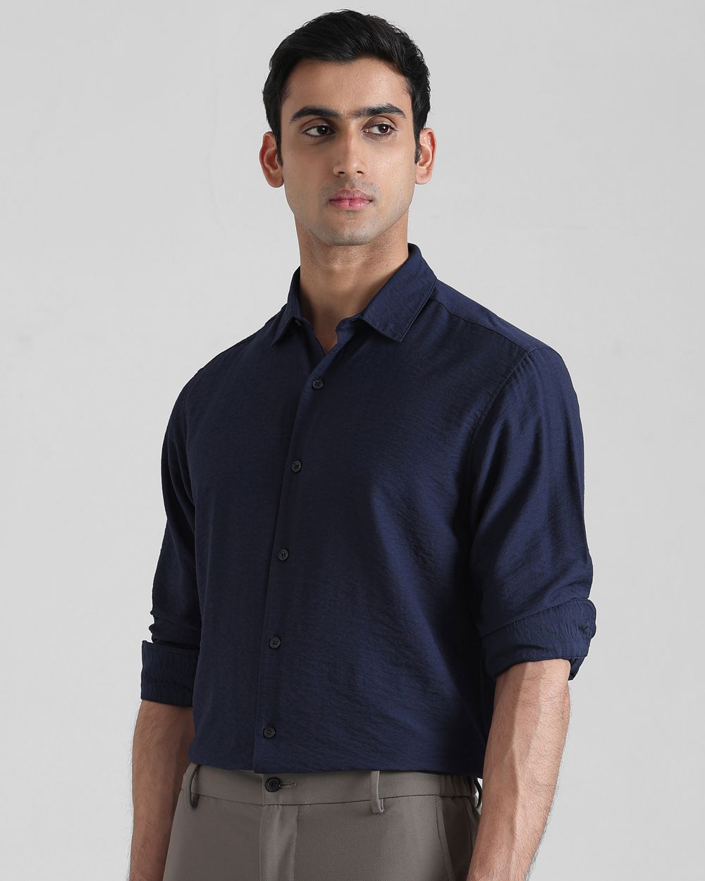Navy Textured Plain Slim Fit Casual Shirt