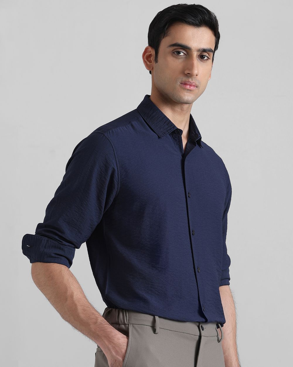 Navy Textured Plain Slim Fit Casual Shirt