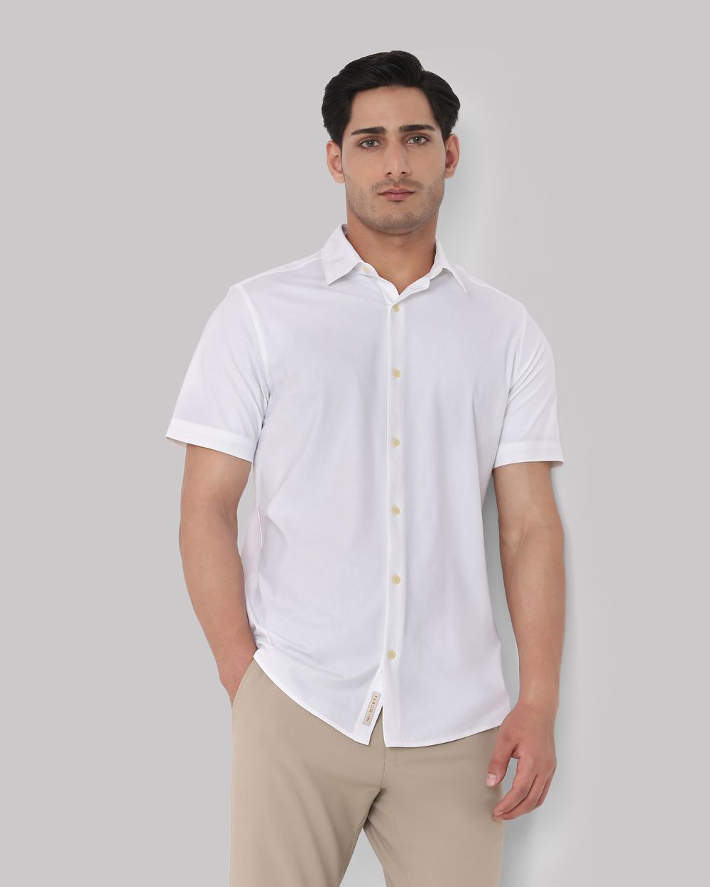 White Scuba Stretch Plain Slim Fit Casual Shirt