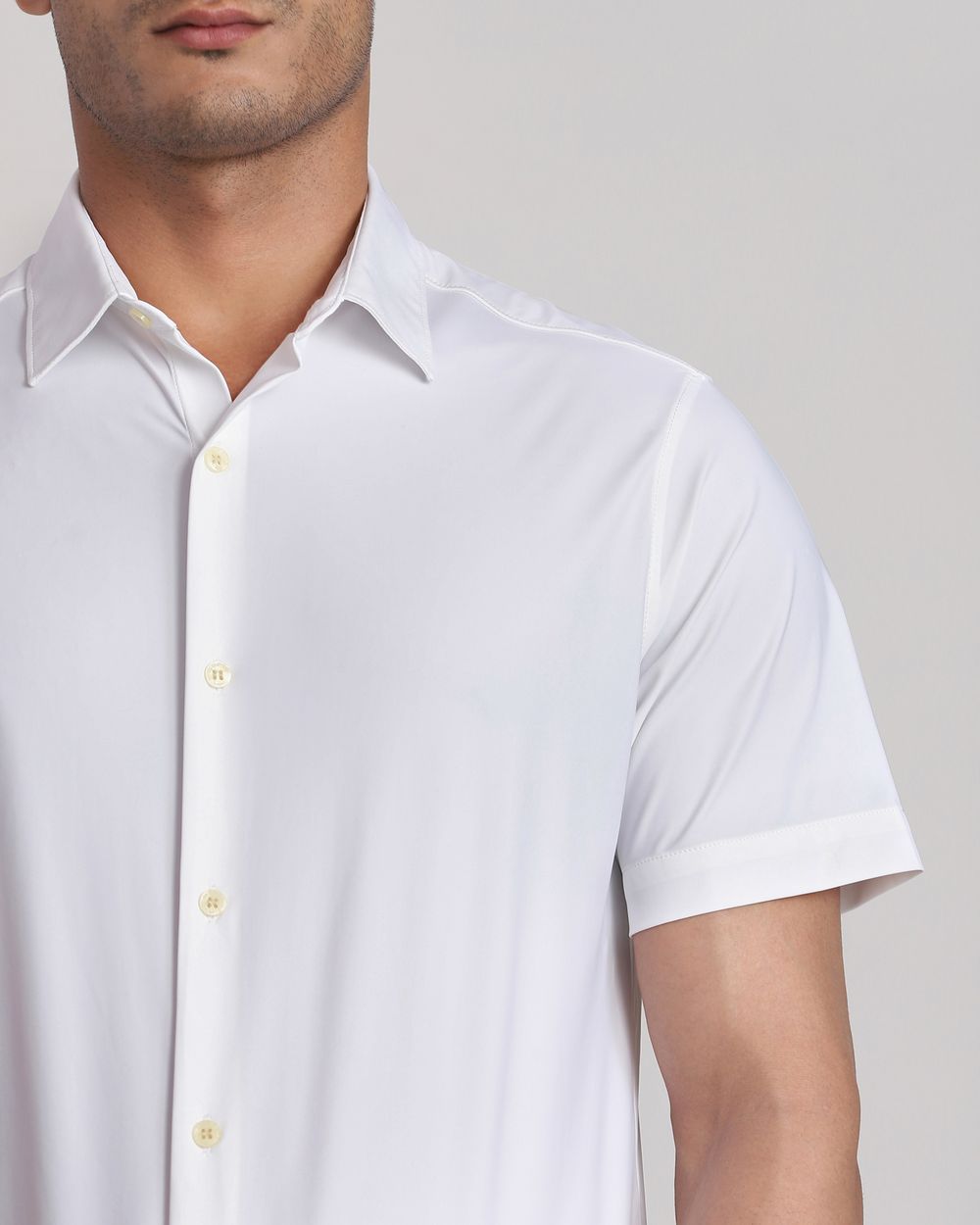 White Scuba Stretch Plain Slim Fit Casual Shirt