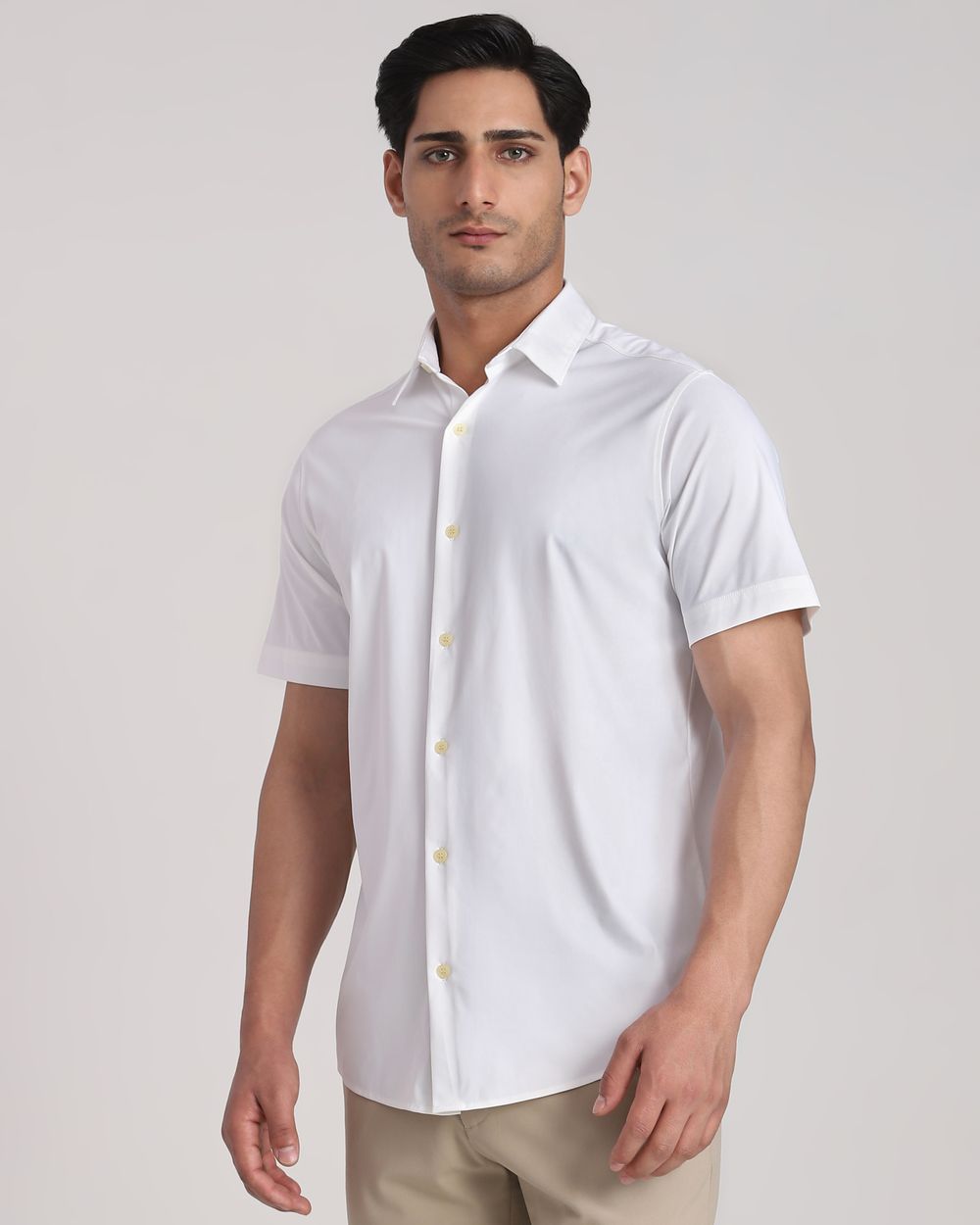 White Scuba Stretch Plain Slim Fit Casual Shirt