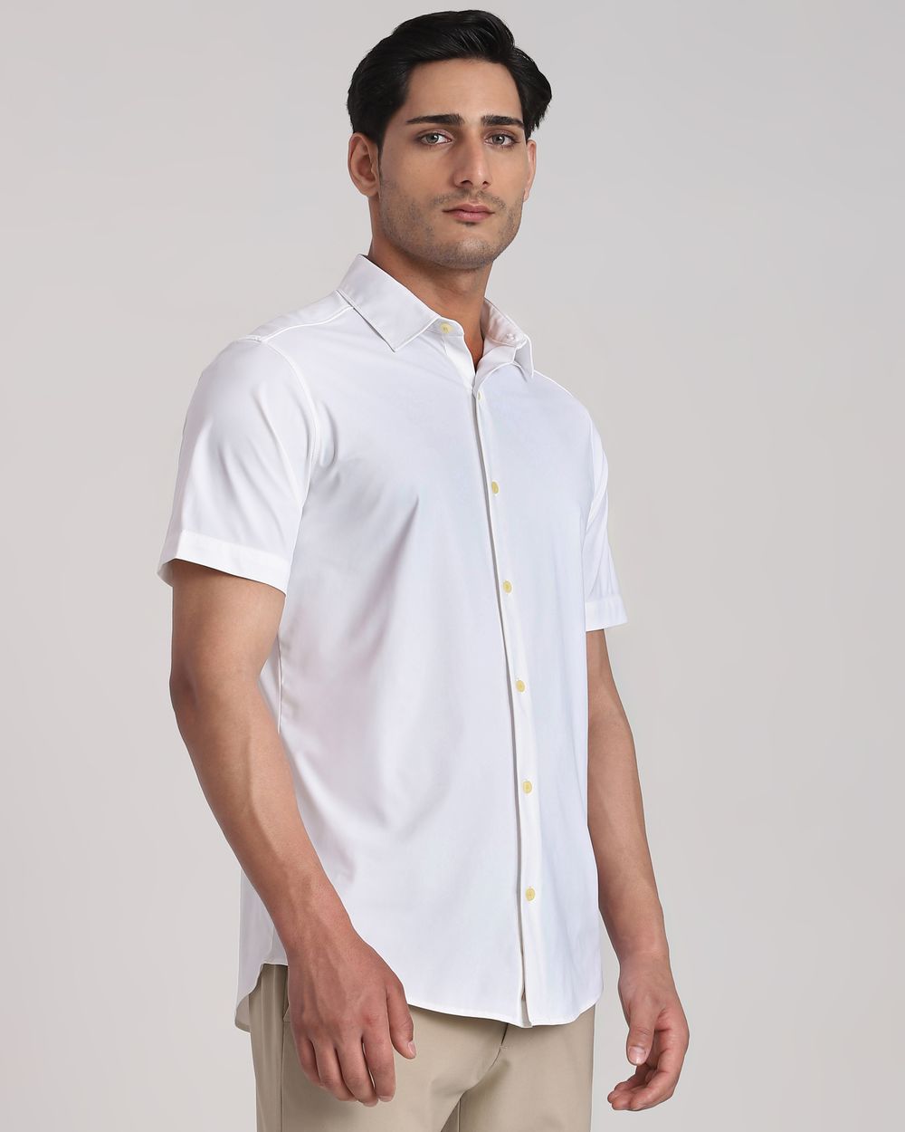 White Scuba Stretch Plain Slim Fit Casual Shirt