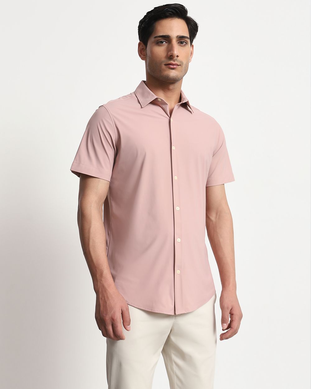 Pink Scuba Stretch Plain Slim Fit Casual Shirt