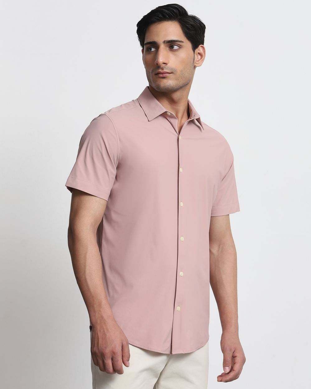 Pink Scuba Stretch Plain Slim Fit Casual Shirt