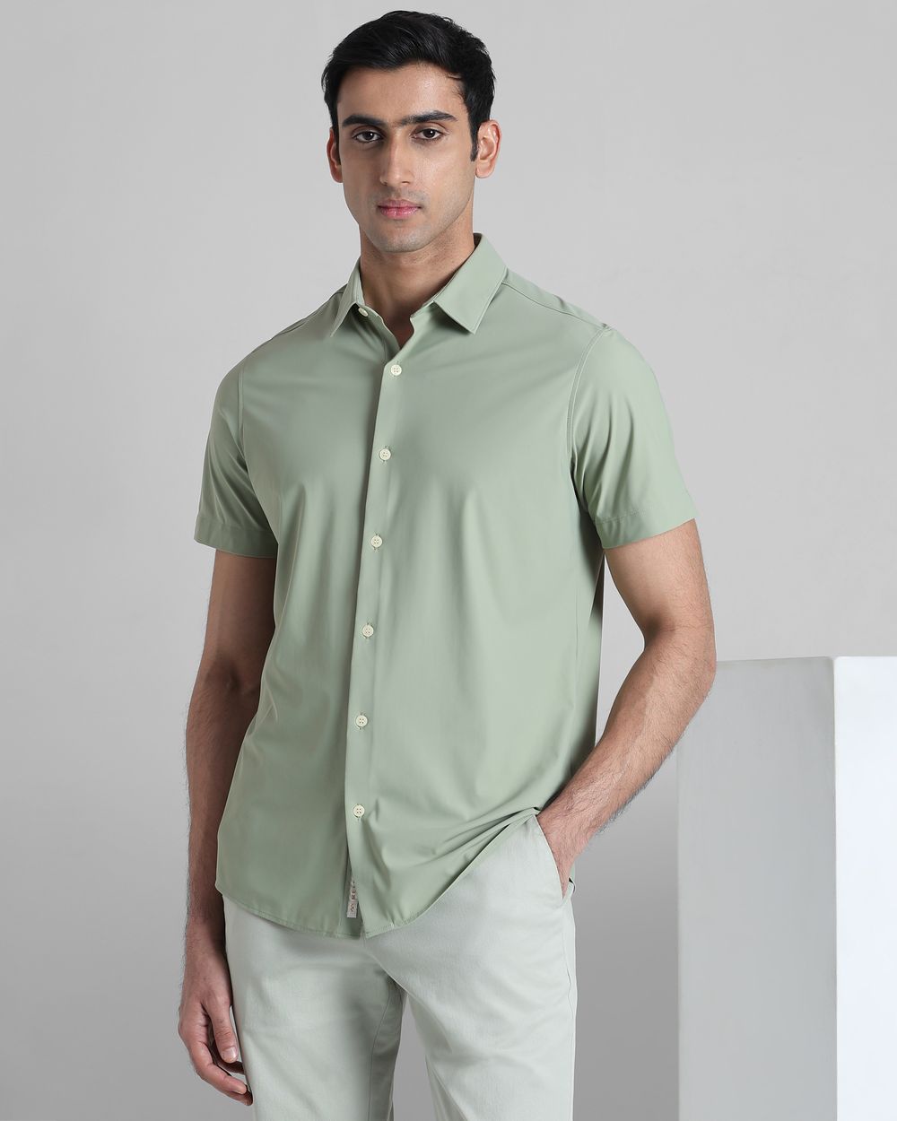 Sage Scuba Stretch Plain Slim Fit Casual Shirt