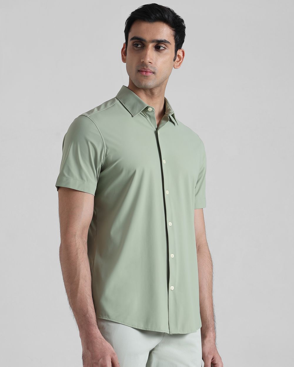 Sage Scuba Stretch Plain Slim Fit Casual Shirt