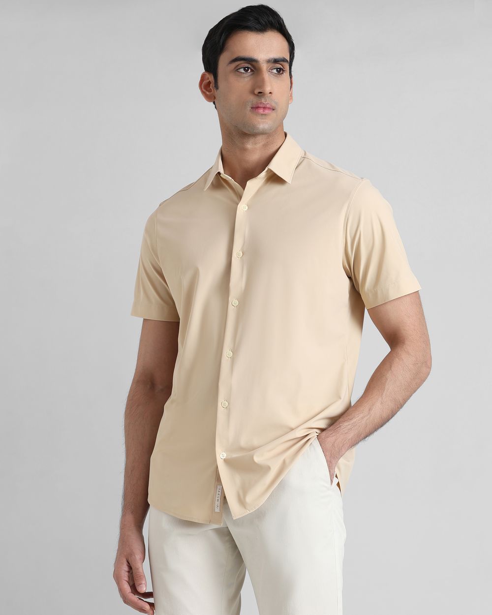 Beige Scuba Stretch Plain Slim Fit Casual Shirt