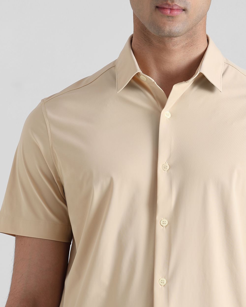 Beige Scuba Stretch Plain Slim Fit Casual Shirt