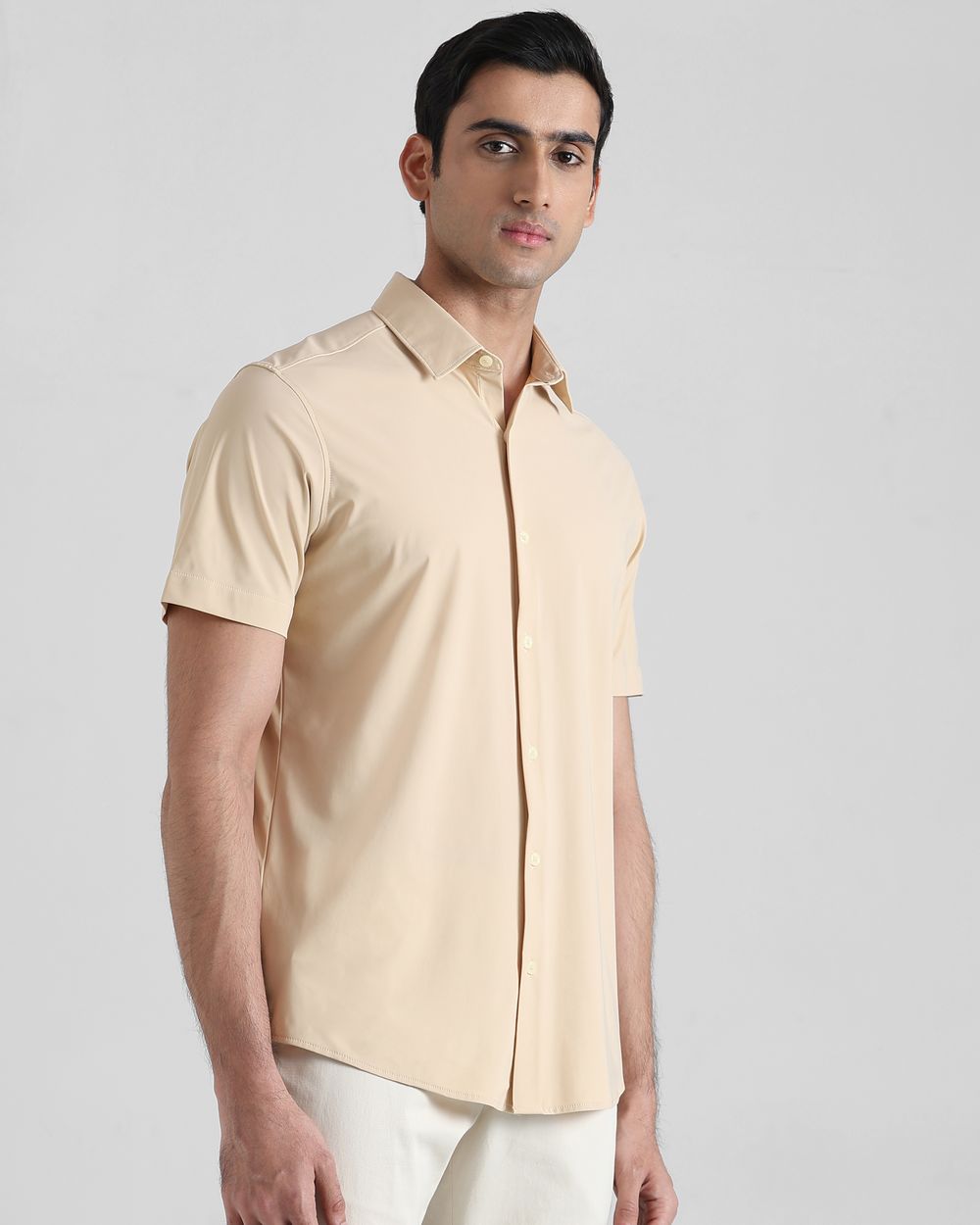 Beige Scuba Stretch Plain Slim Fit Casual Shirt