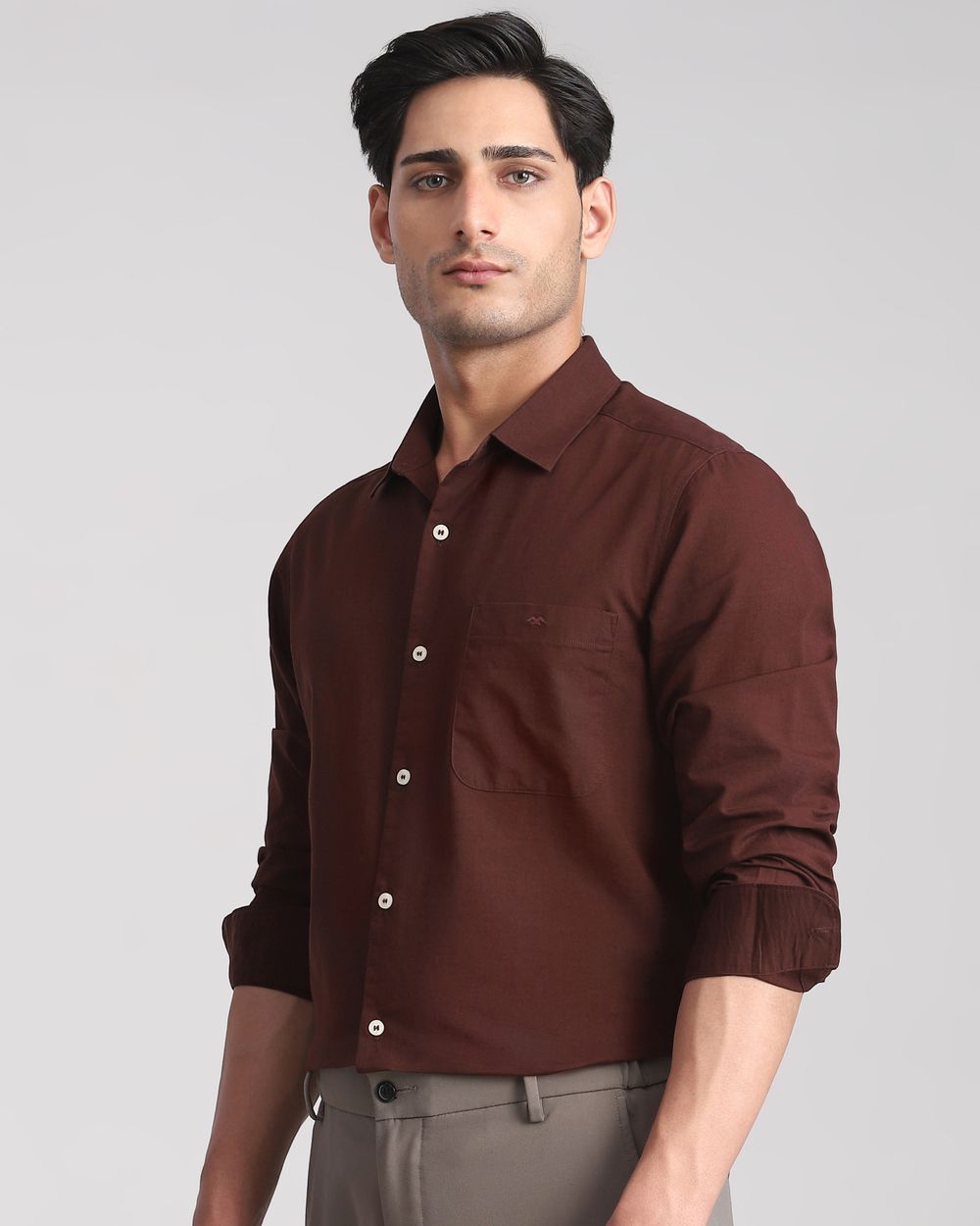 Maroon Cotton Linen Plain Slim Fit Casual Shirt