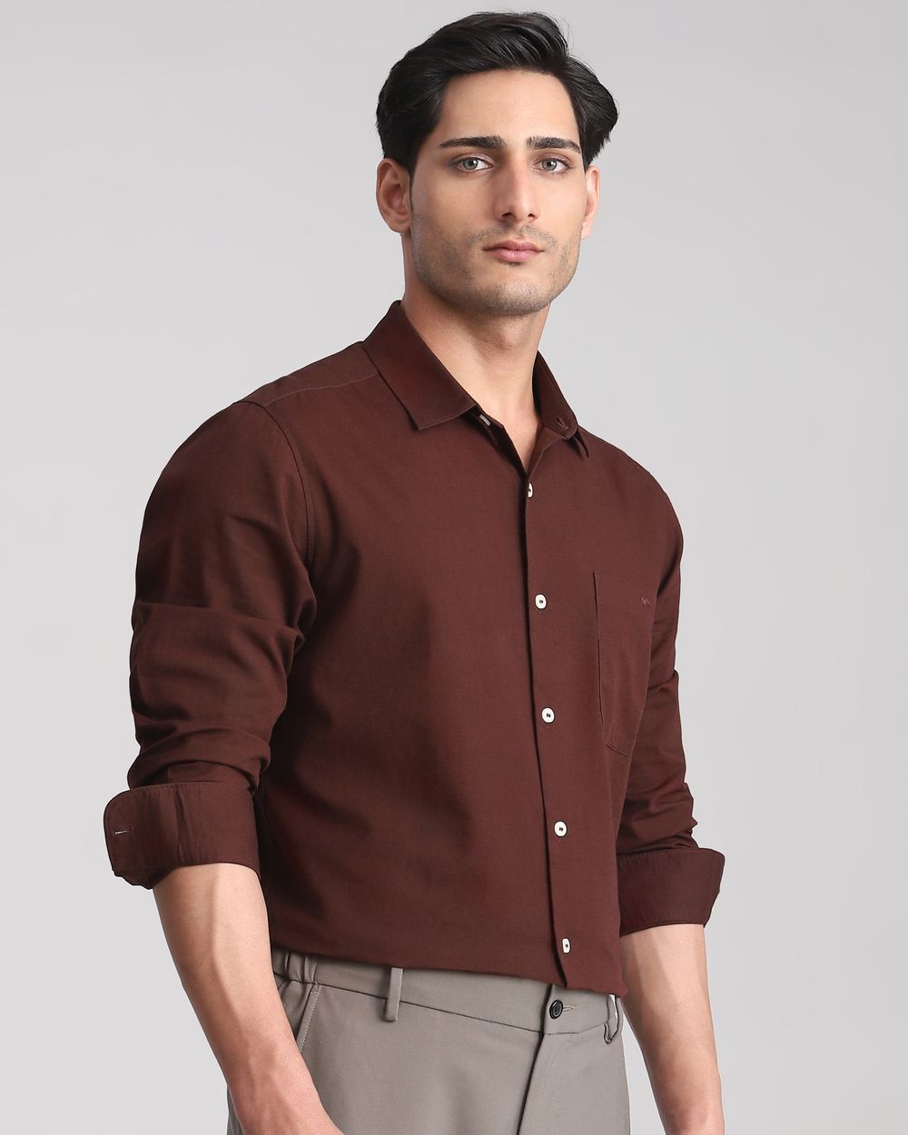 Maroon Cotton Linen Plain Slim Fit Casual Shirt