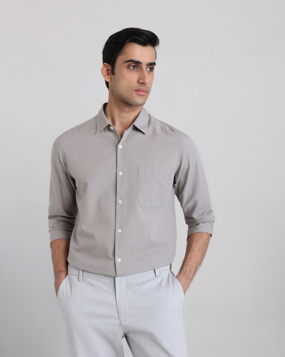 Light Grey Cotton Linen Plain Slim Fit Casual Shirt