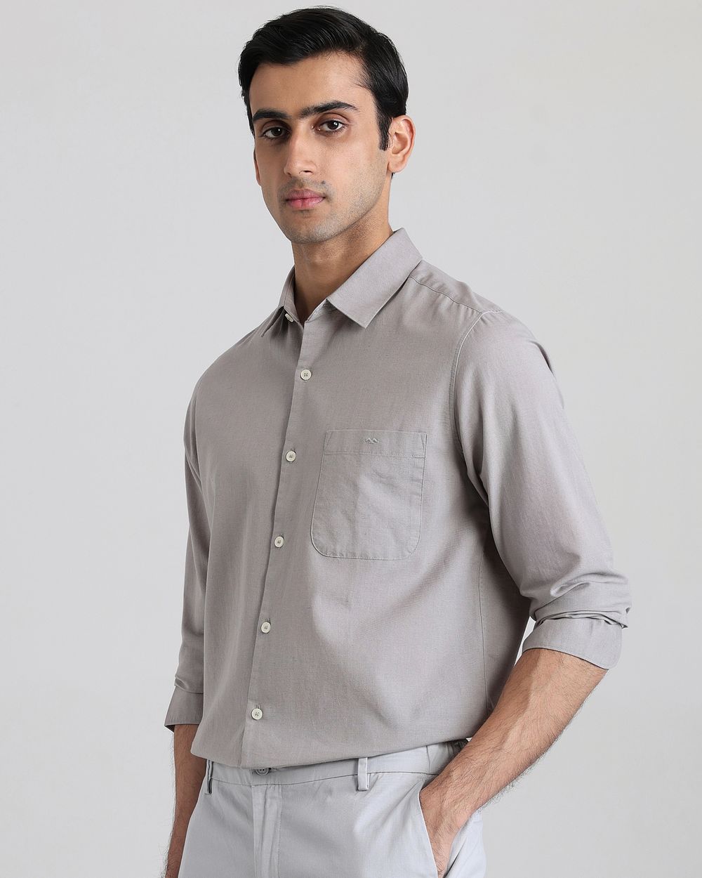 Light Grey Cotton Linen Plain Slim Fit Casual Shirt