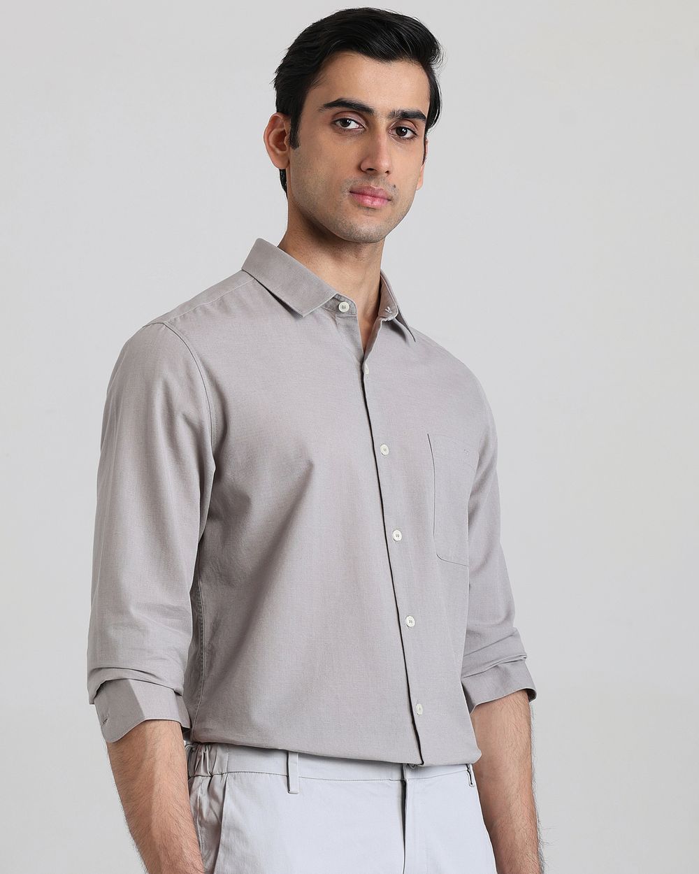 Light Grey Cotton Linen Plain Slim Fit Casual Shirt