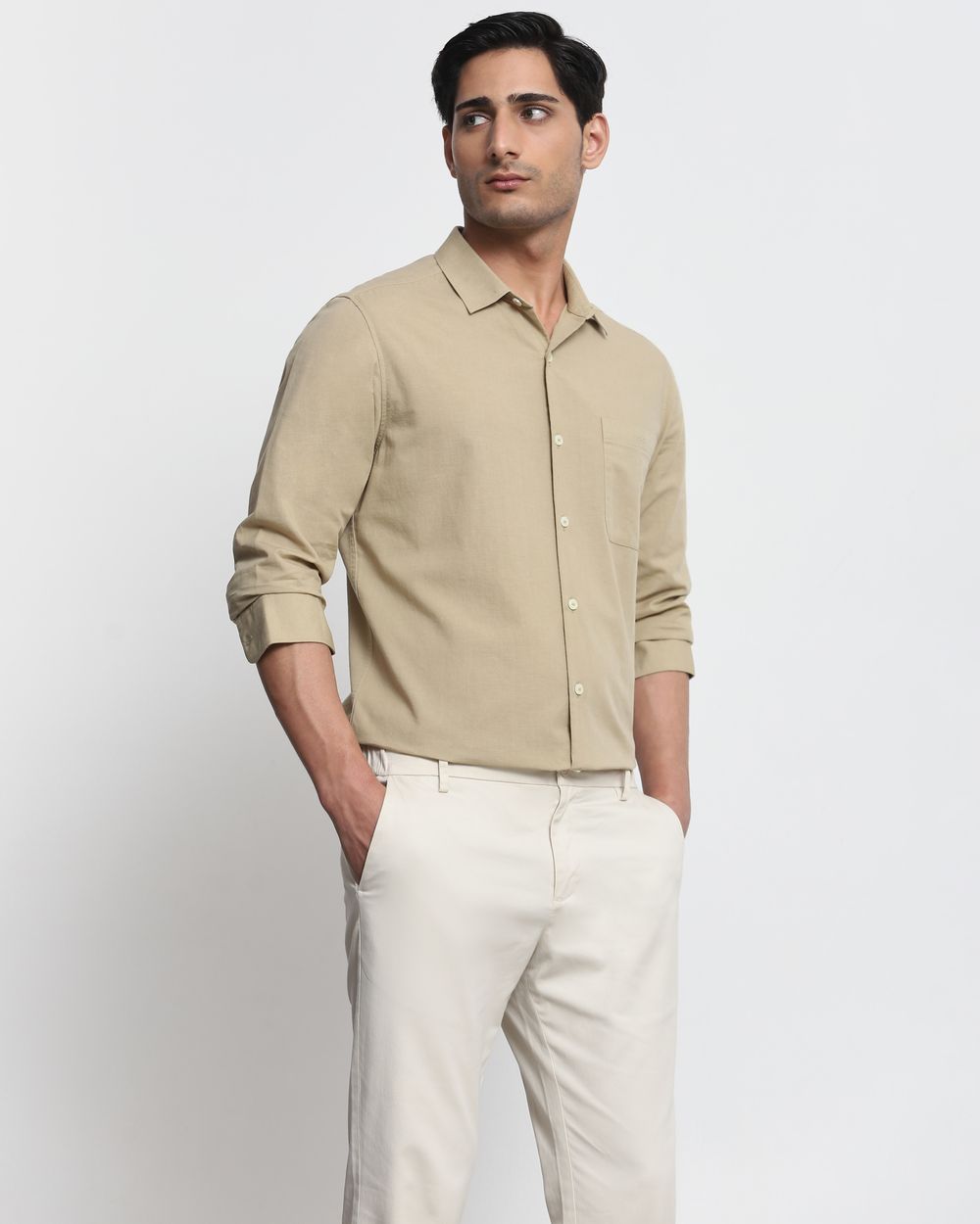Beige Cotton Linen Plain Slim Fit Casual Shirt