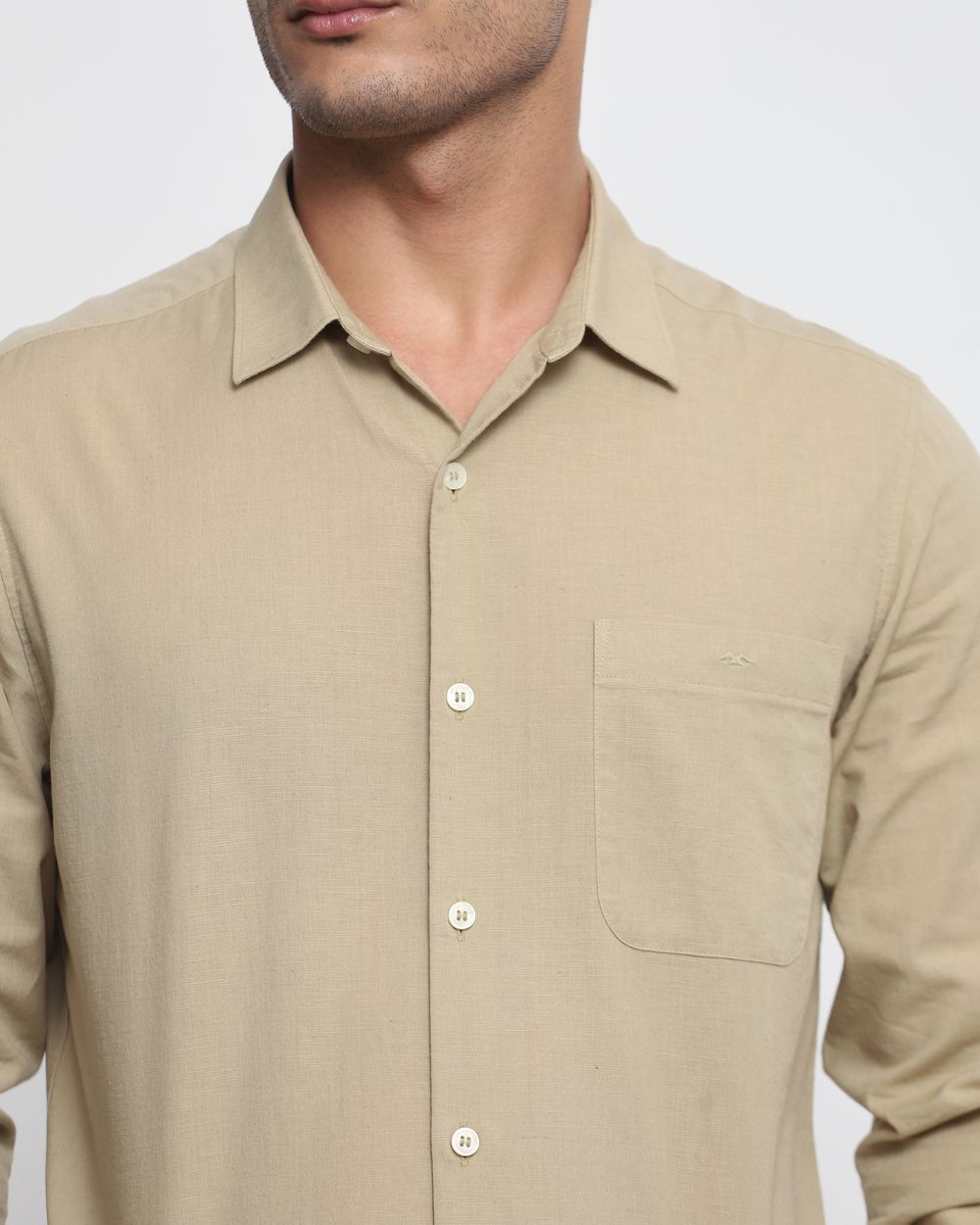 Beige Cotton Linen Plain Slim Fit Casual Shirt