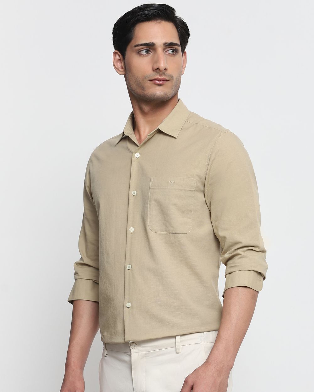 Beige Cotton Linen Plain Slim Fit Casual Shirt