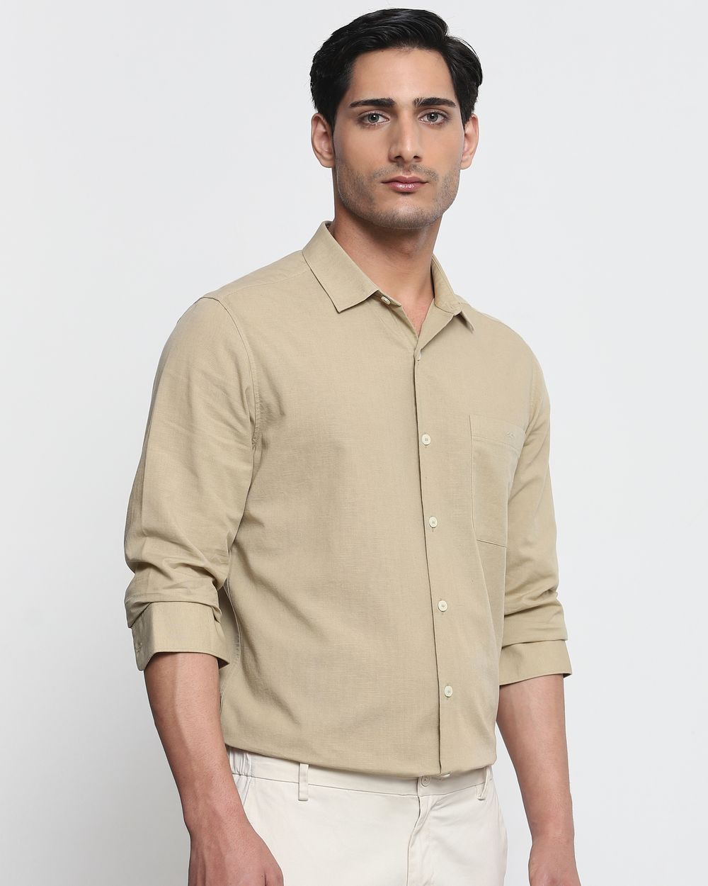 Beige Cotton Linen Plain Slim Fit Casual Shirt