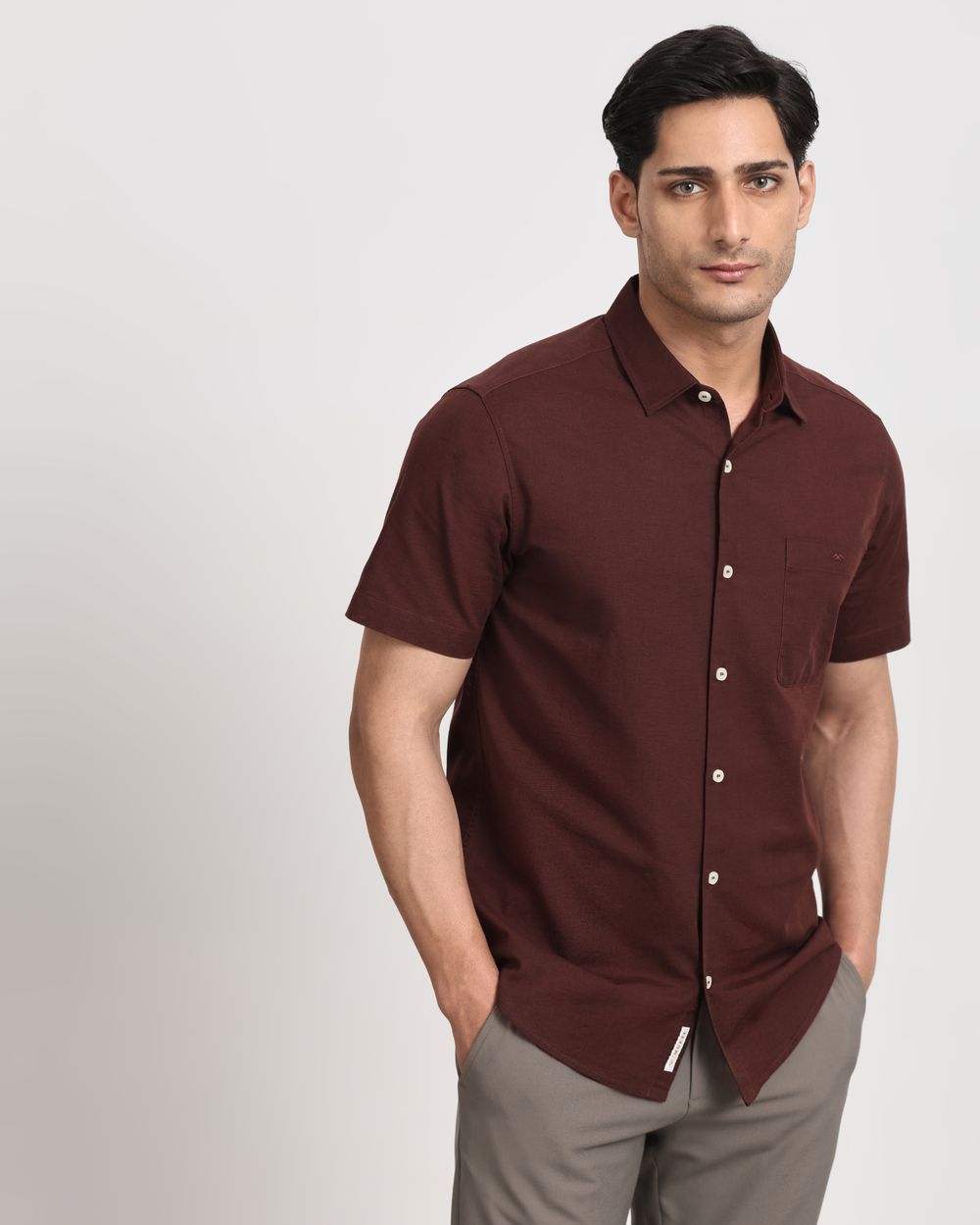 Maroon Cotton Linen Plain Slim Fit Casual Shirt