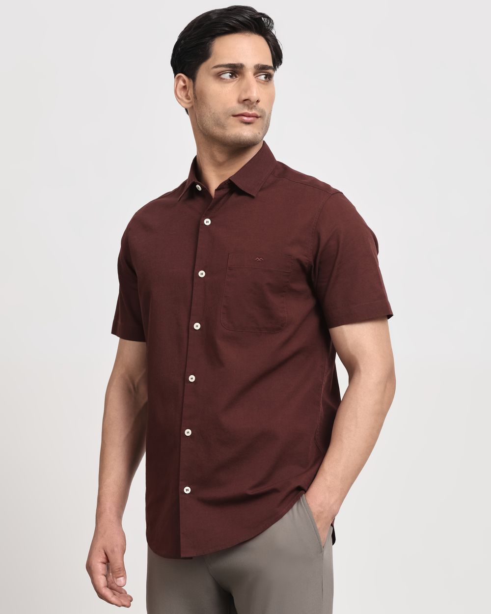 Maroon Cotton Linen Plain Slim Fit Casual Shirt