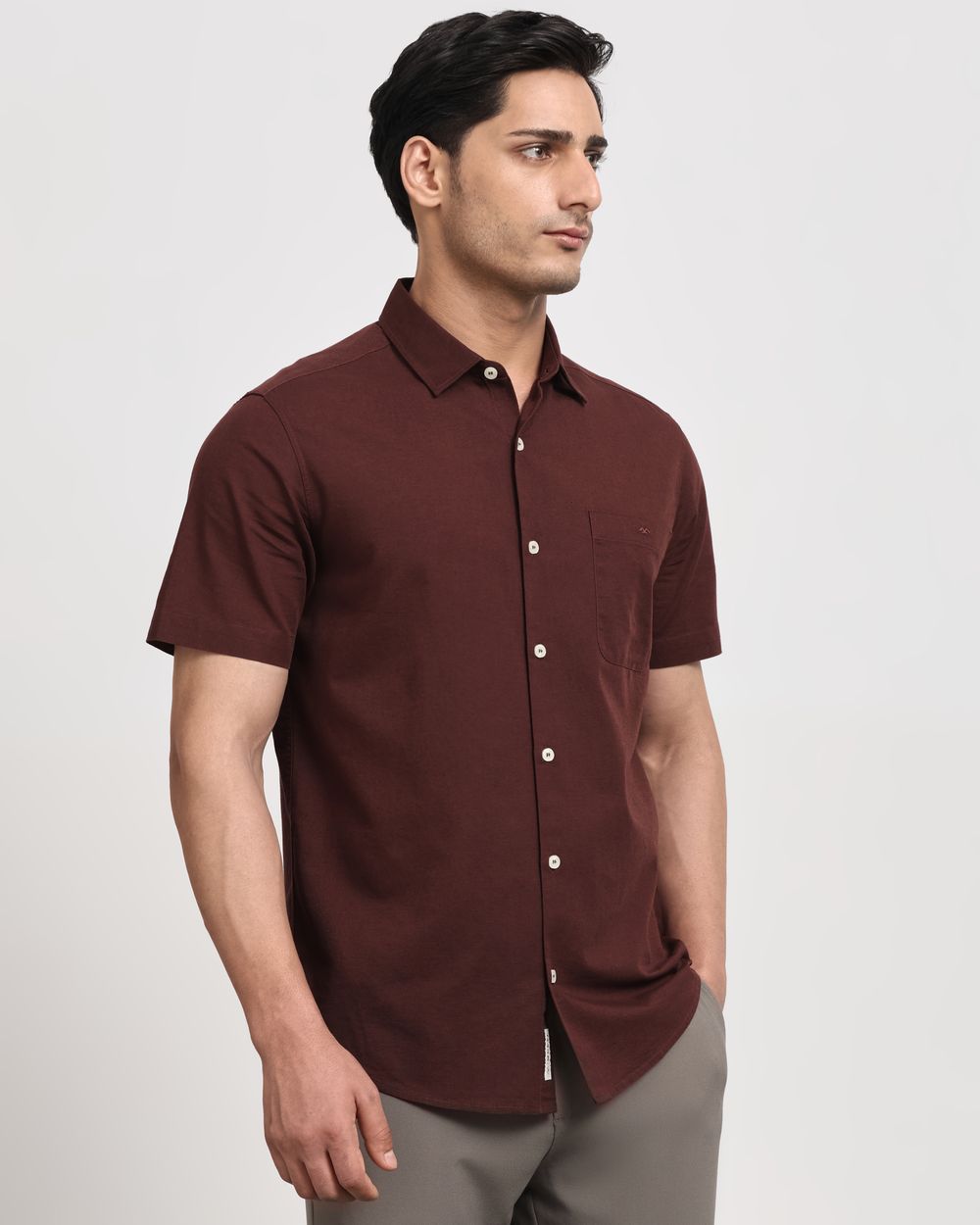 Maroon Cotton Linen Plain Slim Fit Casual Shirt