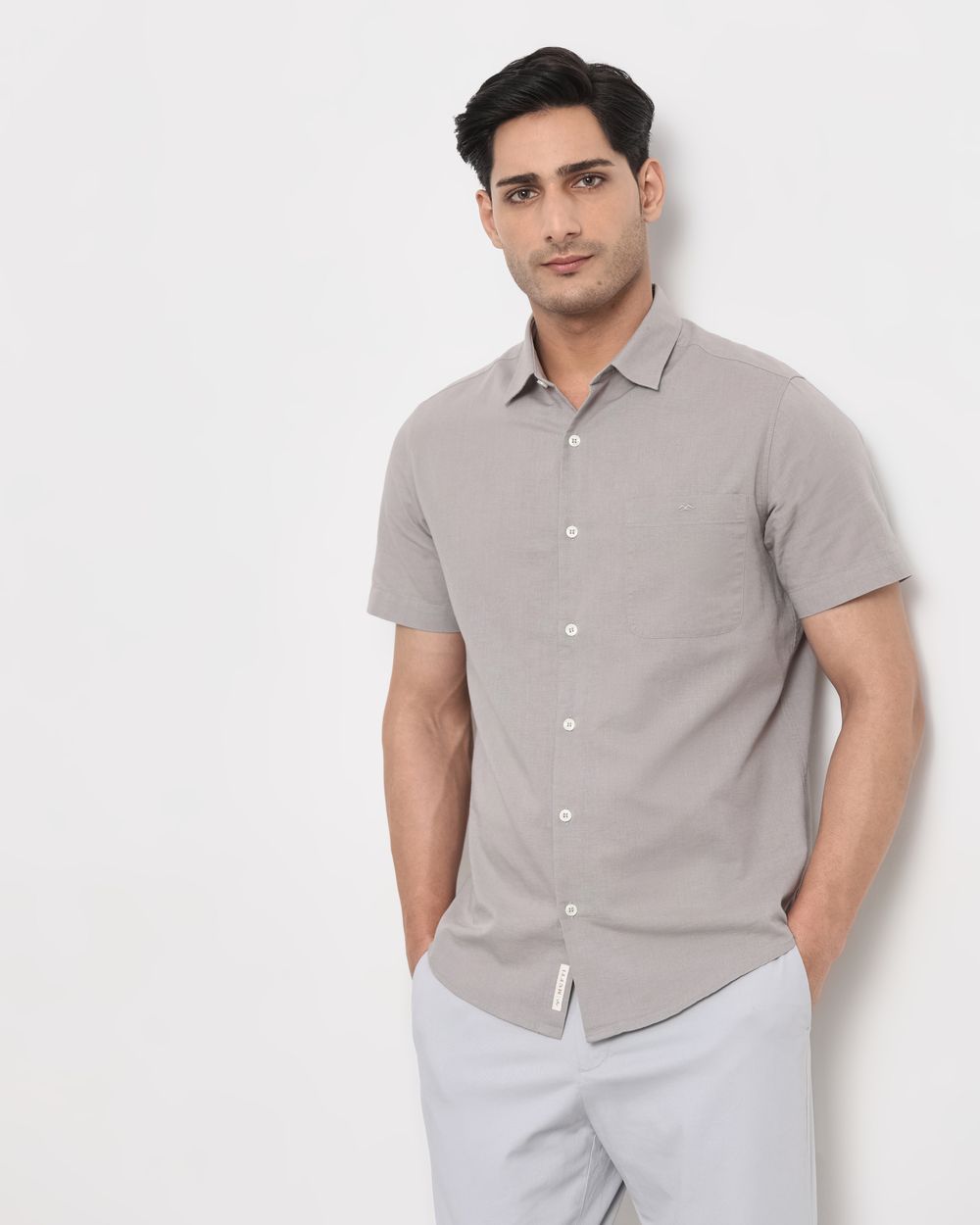 Light Grey Cotton Linen Plain Slim Fit Casual Shirt