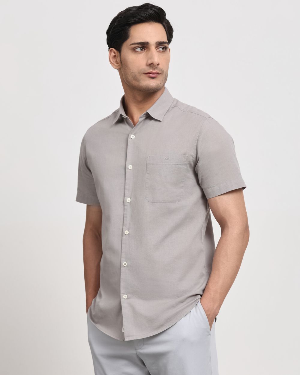 Light Grey Cotton Linen Plain Slim Fit Casual Shirt