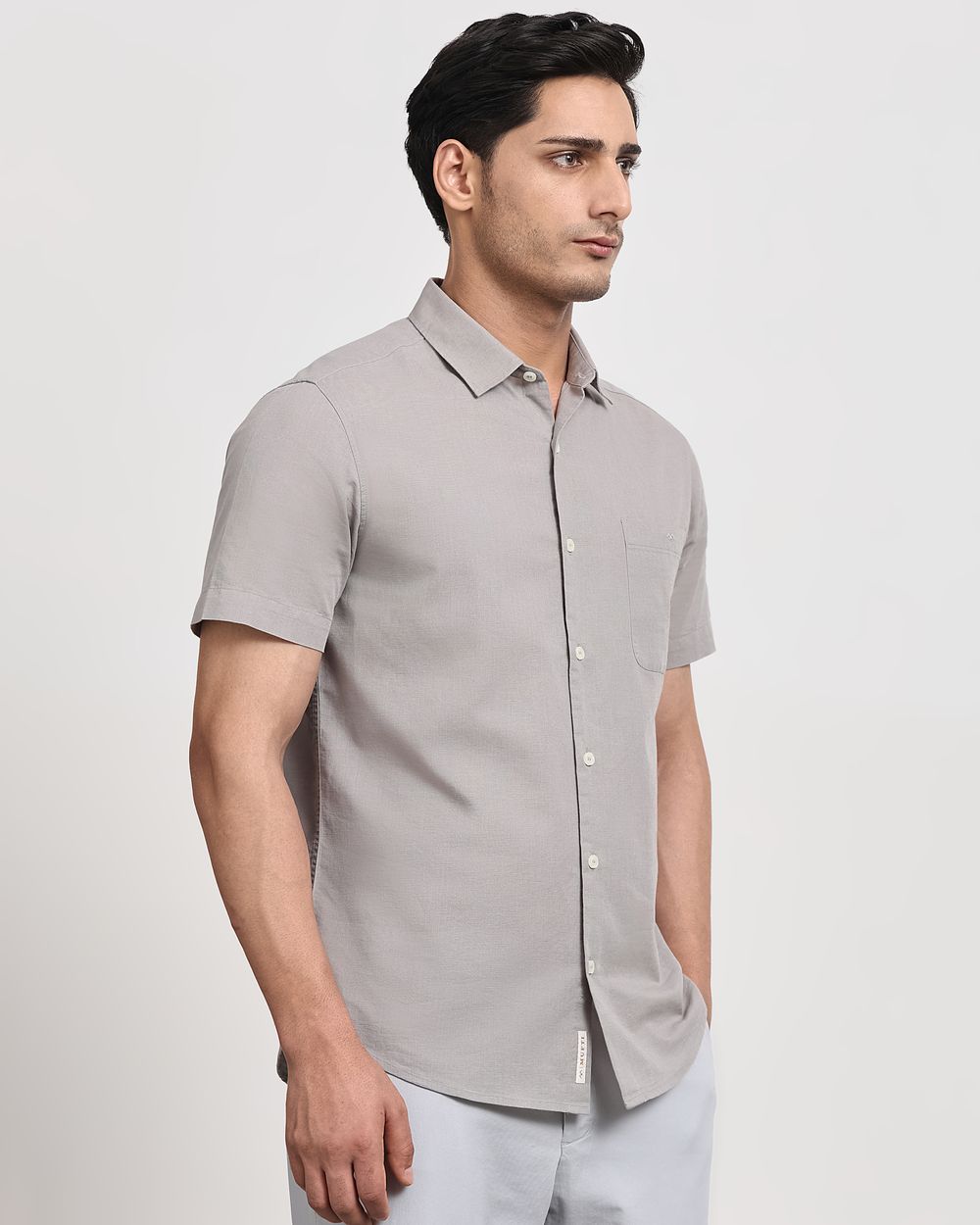 Light Grey Cotton Linen Plain Slim Fit Casual Shirt