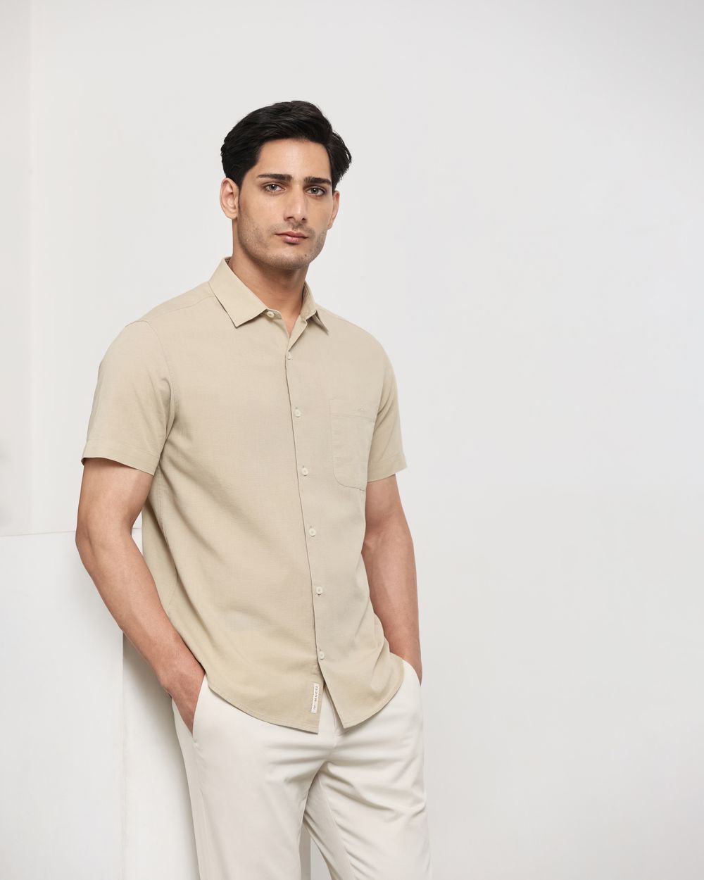 Beige Cotton Linen Plain Slim Fit Casual Shirt
