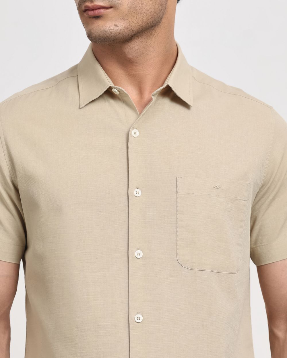 Beige Cotton Linen Plain Slim Fit Casual Shirt