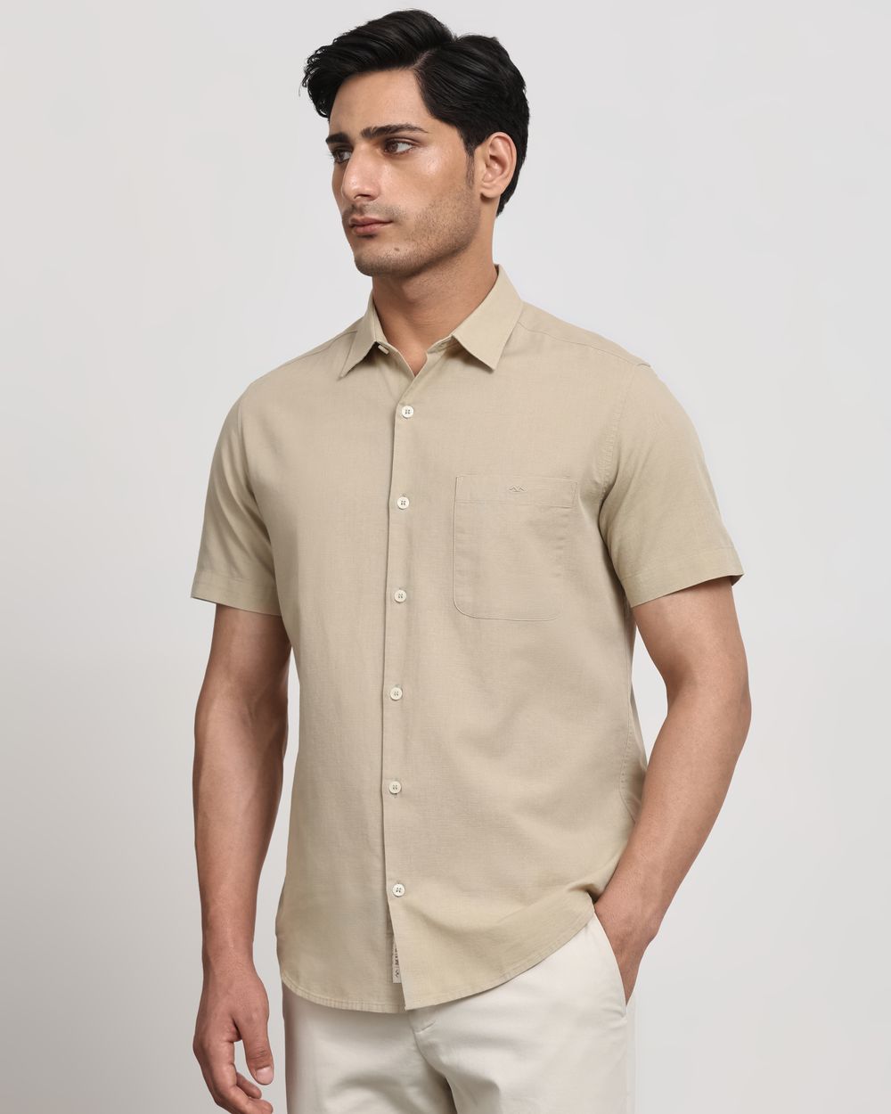 Beige Cotton Linen Plain Slim Fit Casual Shirt
