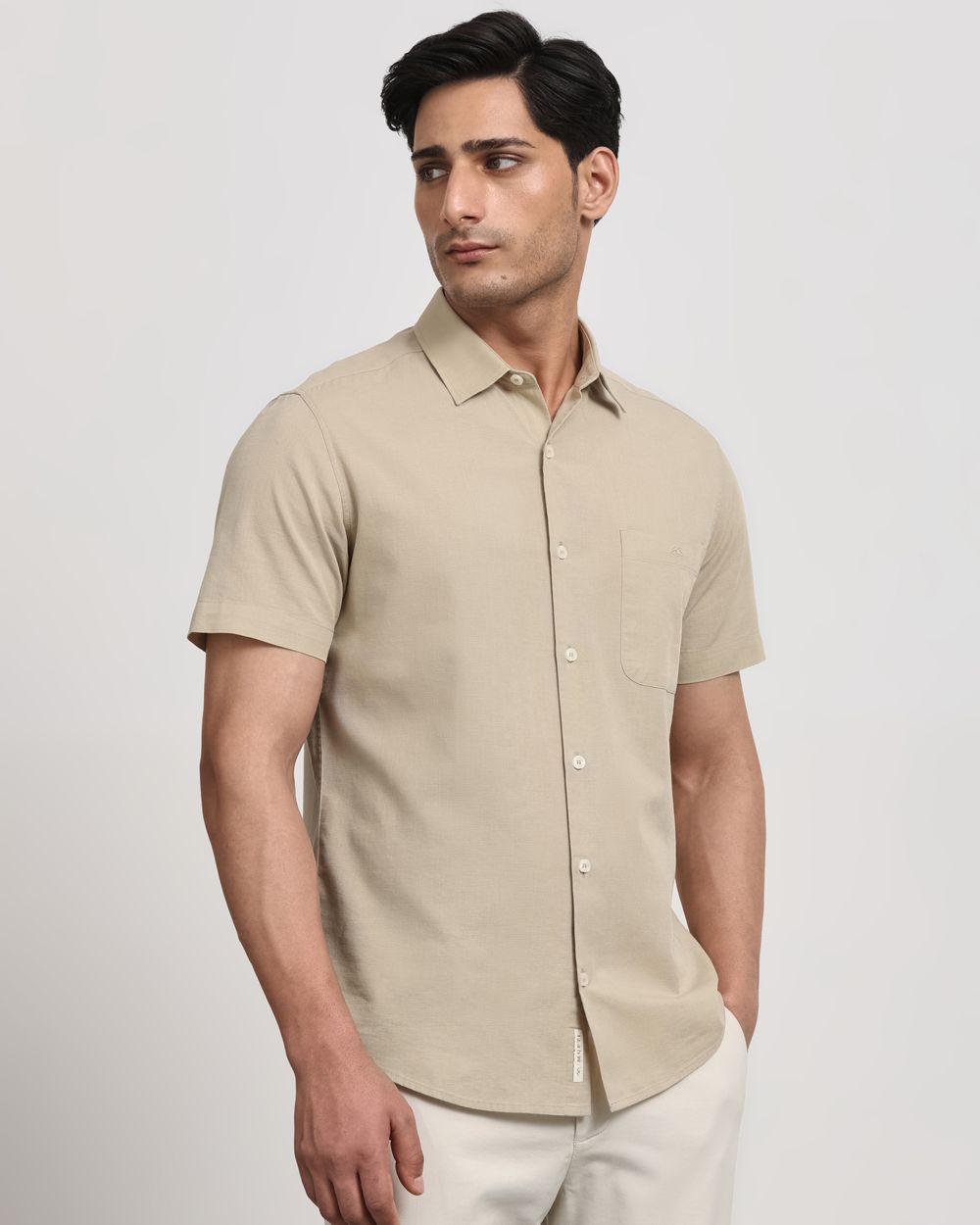Beige Cotton Linen Plain Slim Fit Casual Shirt