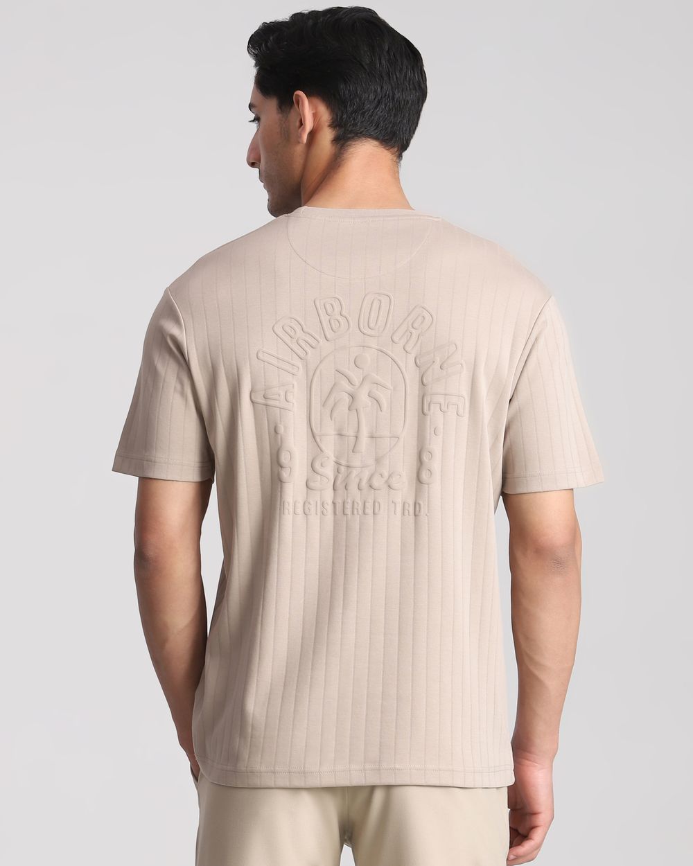 Beige Textured Graphic Regular Fit T-Shirt