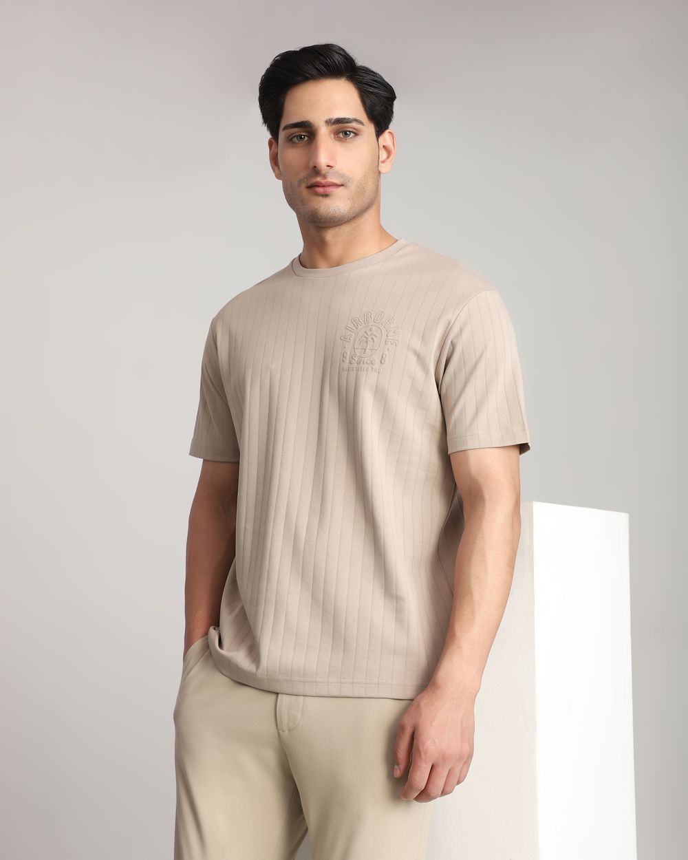 Beige Textured Graphic Regular Fit T-Shirt