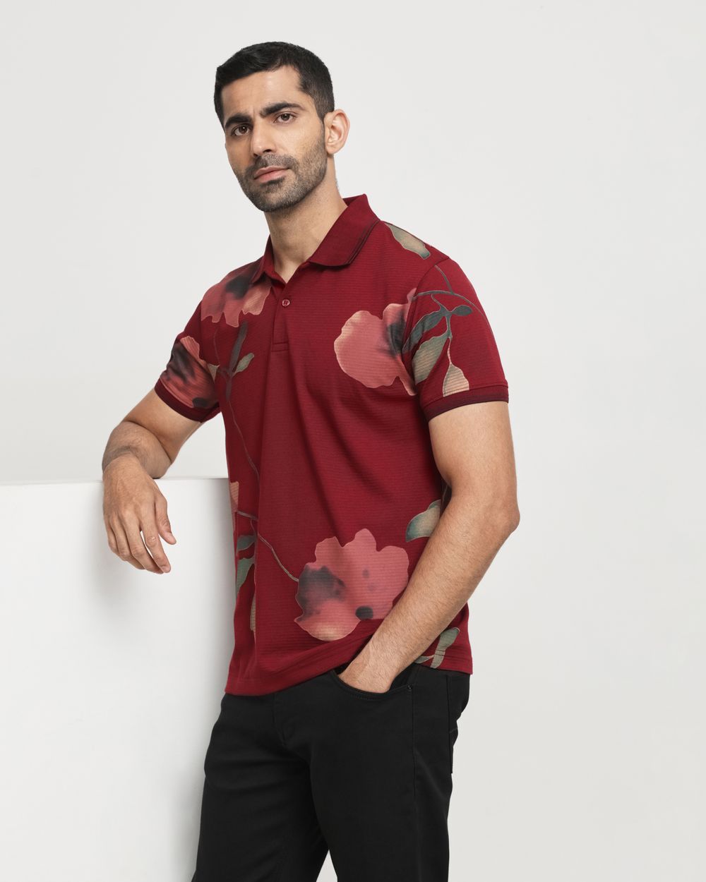 Maroon Floral Print Slim Fit T-Shirt