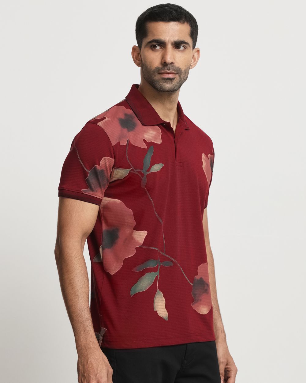 Maroon Floral Print Slim Fit T-Shirt