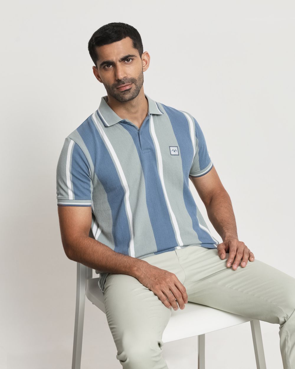 Light Green Terry-Towel Stripe Slim Fit T-Shirt