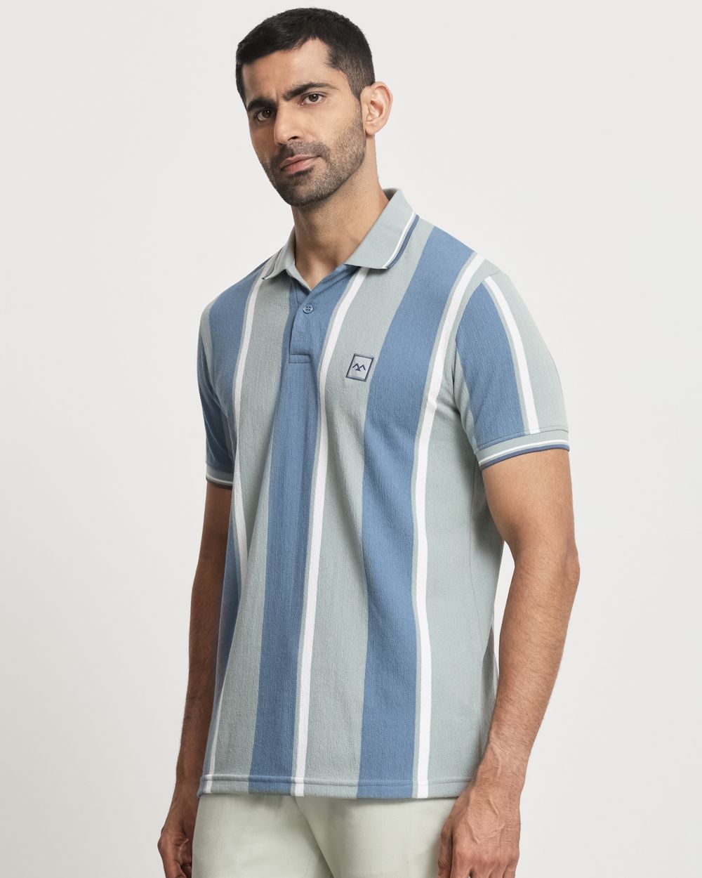 Light Green Terry-Towel Stripe Slim Fit T-Shirt