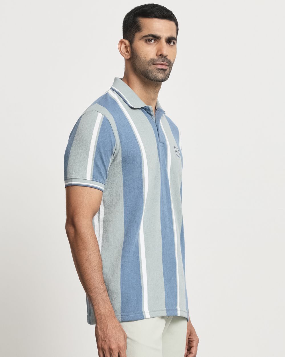 Light Green Terry-Towel Stripe Slim Fit T-Shirt