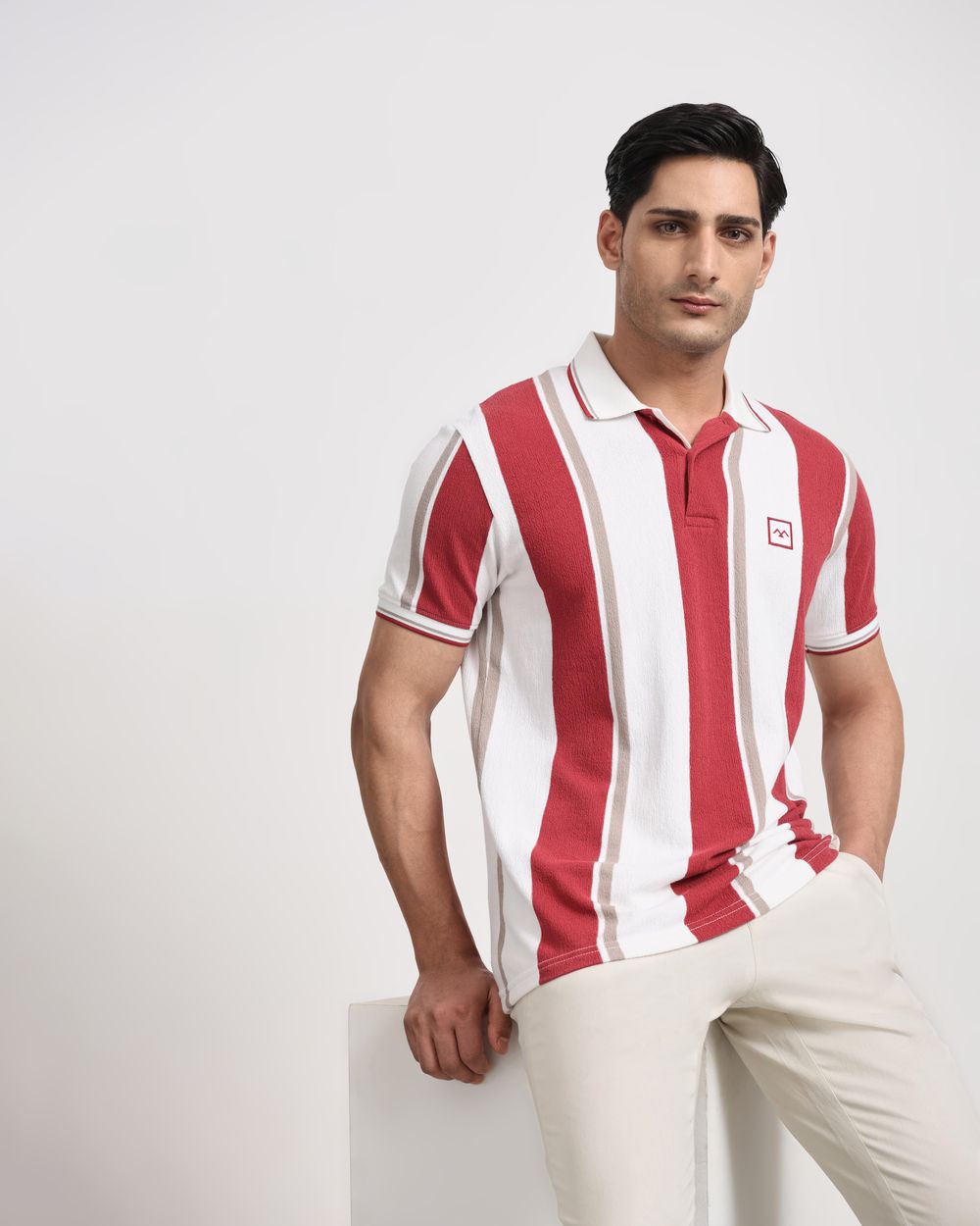 Maroon Terry-Towel Stripe Slim Fit T-Shirt